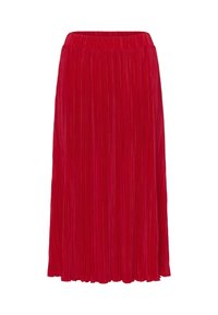 Gonna midi plissettata rossa con cintura elastica. Realizzata in un tessuto morbido, presenta una texture verticale e una silhouette fluida a trapezio.