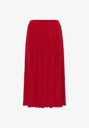 Jupe midi plissée rouge avec une taille élastique. Fabriquée dans un tissu lisse, elle présente une texture vertical et une silhouette évasée et fluide.