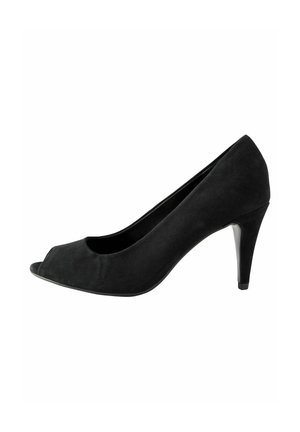 Black suede peep-toe high heel shoe with slim heel and smooth texture, shown in side profile on white background.