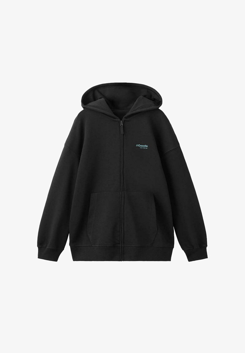Sweat à capuche noir zippé intégral avec poches avant et petit texte bleu clair "#Create" sur le côté gauche de la poitrine.