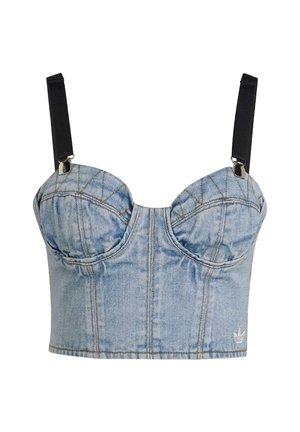 Denim crop top s čvrstim čašicama, crnim podesivim trakama i bijelim vezom logoa na donjoj desnoj strani.