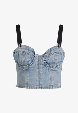 Jeans crop top met gestructureerde cups, zwarte verstelbare schouderbanden en een witte geborduurde logo op de onderkant aan de rechterkant.