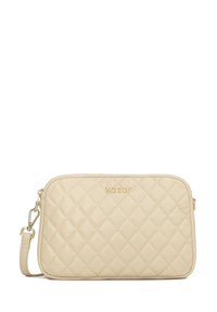 Borsa a pochette beige trapuntata in pelle, con zip dorata e tracolla removibile. Logo impresso sul fronte. Forma rettangolare.
