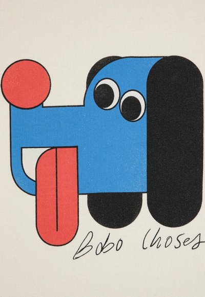 Dizajn plavog i crnog crtaniog psa s velikim okruglim očima, crvenim jezikom i crvenim krugom. Ispod se nalazi tekst "Bobo Choses" u kurzivnom pismu.