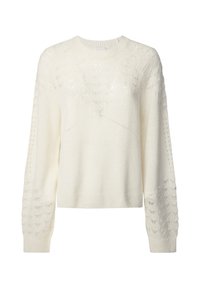 Pull tricoté couleur crème à manches longues, présentant un motif texturé sur la partie supérieure et des accents en dentelle sur les manches.