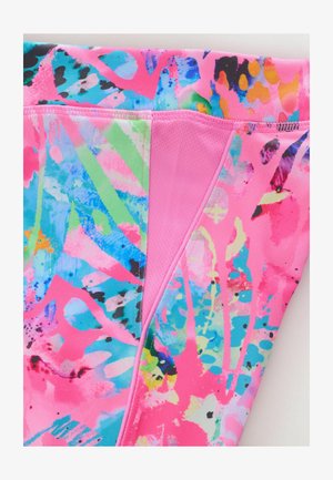 Daugiaspalvė aktyvi apranga su ryškiais rožiniais, žaliais ir mėlynais abstrakčiais raštais; lygi tekstūra; elastinis audinys su kvėpuojančiu dizainu.