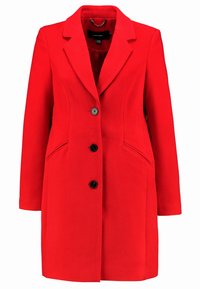 Roter knielanger Damenmantel mit drei schwarzen Knöpfen, Reverskragen, langen Ärmeln und Seitentaschen, Vorderansicht.