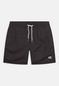 Pantaloni da bagno neri con elastico in vita, lacci bianchi e un piccolo logo a forma di onda bianca sul lato sinistro. Tessuto dalla consistenza liscia.