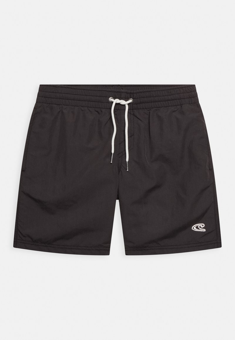 Pantaloni da bagno neri con elastico in vita, lacci bianchi e un piccolo logo a forma di onda bianca sul lato sinistro. Tessuto dalla consistenza liscia.