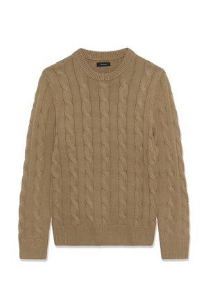 Beige aitsooniga kootud sviiter, mis on valmistatud tekstuurilisest kangast, sisaldab ümmargust kaelust ja soonikuid varrukaid ning allserva. Klassikaline disain laineliste mustritega.