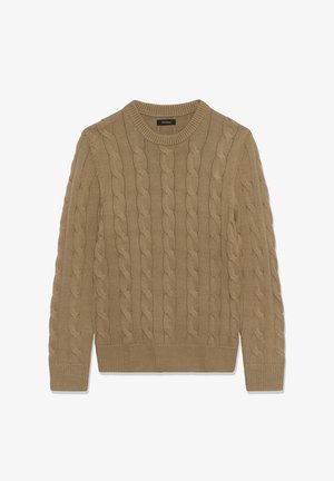 Beige kabelgebreide trui gemaakt van textiel met een structuur, met een ronde hals en ribgebreide mouwen en zoom. Klassiek ontwerp met verhoogde patronen.