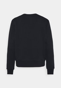 Czarna bluza, mieszanka bawełny, okrągły dekolt, długie rękawy, ściągacze przy mankietach i dolnym brzegu. Gładka tekstura, prosty design, brak widocznych logo lub wzorów.