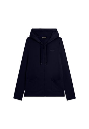 Felpa con cappuccio blu navy con cerniera, coulisse, due tasche frontali e un piccolo logo "FREDDY" sul petto.