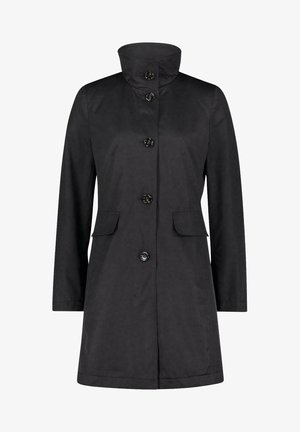 Cappotto nero con un alto colletto, maniche lunghe, sei bottoni frontali e due tasche laterali. Realizzato in un tessuto liscio e resistente.