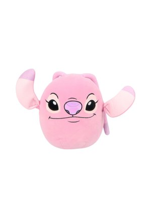 Jouet en peluche rose avec de grandes oreilles pointues, de grands yeux noirs, un visage souriant et un nez violet sur fond blanc.
