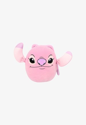 Jouet en peluche rose avec de grandes oreilles pointues, de grands yeux noirs, un visage souriant et un nez violet sur fond blanc.