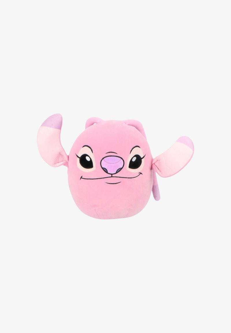 Jouet en peluche rose avec de grandes oreilles pointues, de grands yeux noirs, un visage souriant et un nez violet sur fond blanc.