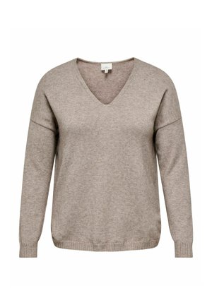 Pull en tricot beige à manches longues, encolure en V, avec poignets et ourlet côtelés, présenté sur un fond blanc.