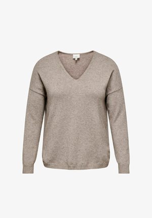 Pull en tricot beige à manches longues, encolure en V, avec poignets et ourlet côtelés, présenté sur un fond blanc.