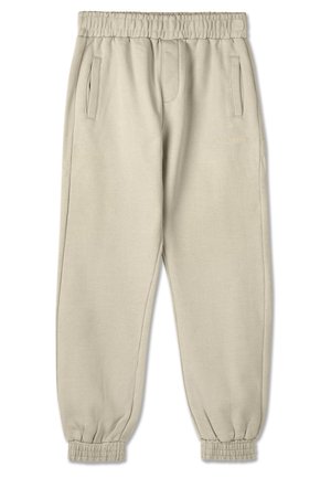 Beežid dressipüksid, mis on valmistatud pehmest kangast, millel on nööriga vöökoht, küljetaskud, elastsed varrukate äärised ja diskreetne bränding vöökoha lähedal.