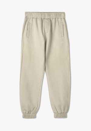 Béžové tepláky vyrobené z mäkkého materiálu, s nastaviteľným pásom na šnúrku, bočnými vreckami, elastickými manžetami a decentným logom pri páse.