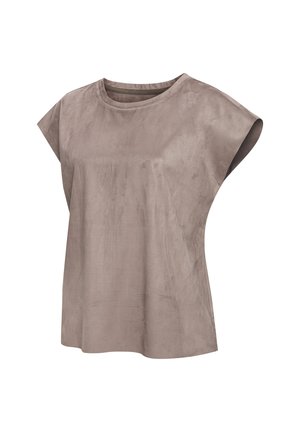 Short-sleeve, taupe top made from soft, suede-like fabric. Features a round neckline and a relaxed, flowing silhouette.