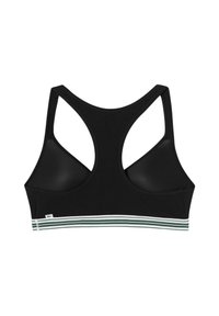 Sujetador deportivo negro con diseño de espalda cruzada. Presenta una cinturilla texturizada con rayas verdes y blancas. Tejido suave, hardware mínimo.