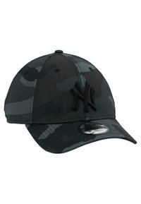 Black camo cap featuring a curved brim, embroidered logo, and a structured six-panel design with adjustable snapback closure.