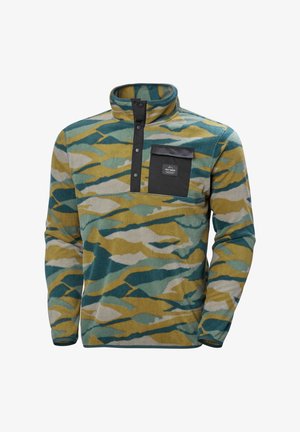 Polarowy pulower w zielonym, niebieskim i żółtym wzorze kamuflażu. Posiada zamek przy szyi, cztery guziki oraz czarną kieszeń na piersi z logo.