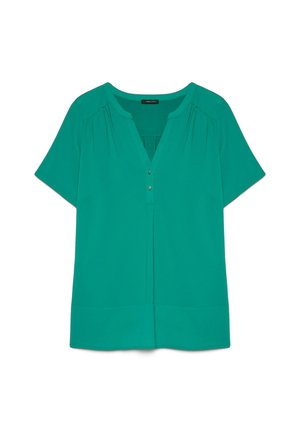 Blouse à manches courtes couleur sarcelle avec col en V, deux petits boutons sur le devant et plis discrets près des épaules et de l'ourlet.