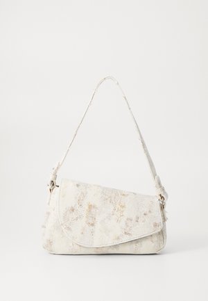 Small white shoulder bag with adjustable strap and subtle textured pattern on fabric material.