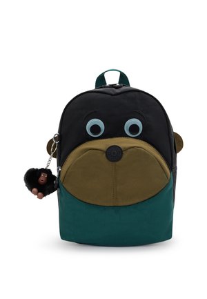 Rugzak ontworpen met een apengezicht-motief in zwart, bruin en groen, met grote ogen en een kleine gorilla-sleutelhanger bevestigd.