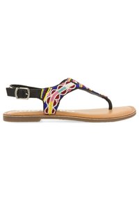 Sandalias planas con un empeine de cuentas coloridas, que cuentan con una correa ajustable negra, suela marrón y un diseño de tira para uso casual.
