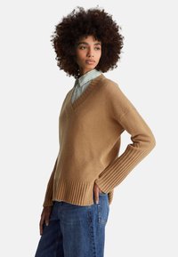 Pullover aus Wollmischung in Kamelbraun mit V-Ausschnitt, gerippten Bündchen und Saum. Dazu ein gestreiftes Hemd mit Kragen darunter getragen.