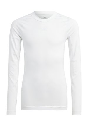 Langärmliges, weißes Sportshirt aus glattem, atmungsaktivem Stoff; mit rundem Ausschnitt und dezentem Logo auf der Brust.