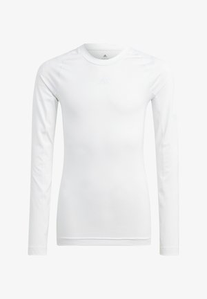 Long-sleeve white athletic shirt made of smooth, breathable fabric; features a round neck and subtle logo on the chest.