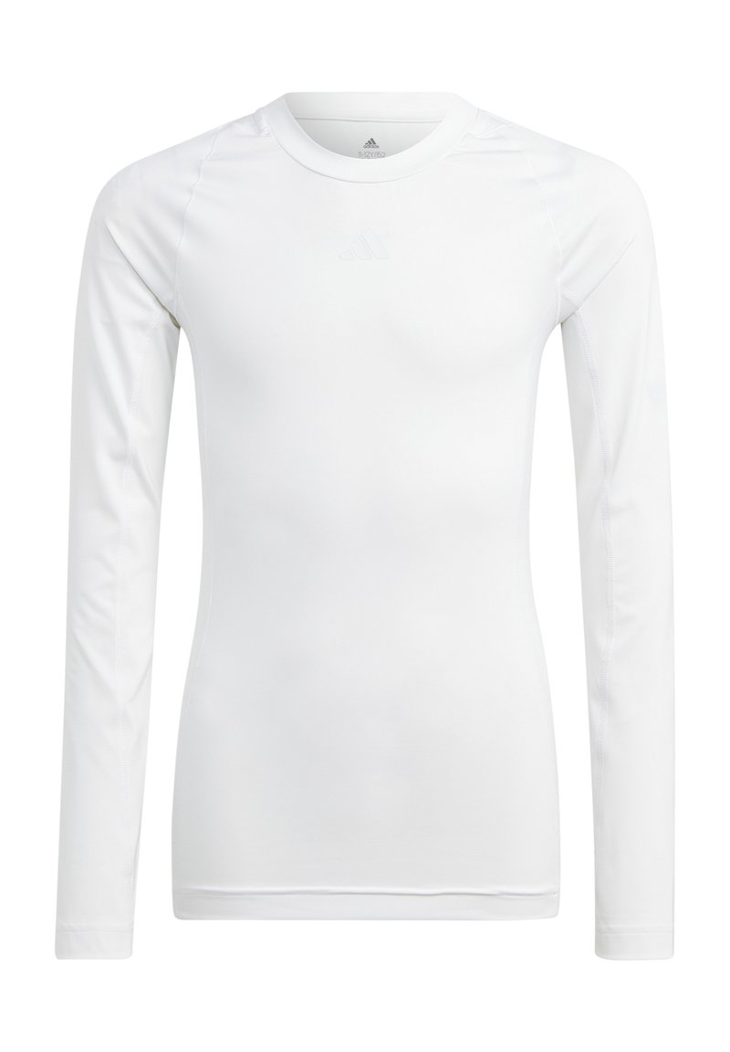 Langarmige witte sportshirt gemaakt van gladde, ademende stof; heeft een ronde hals en een subtiele logo op de borst.