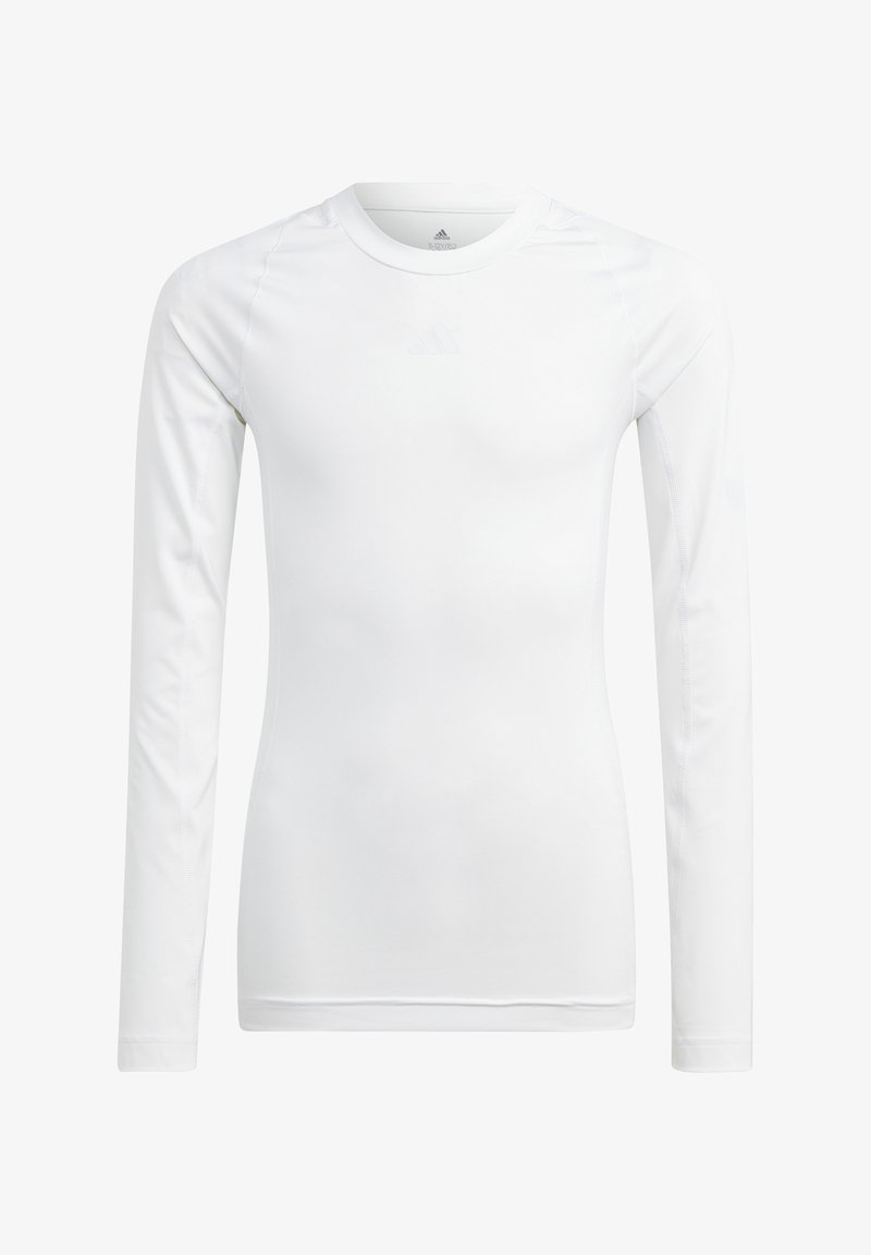 Langarmige witte sportshirt gemaakt van gladde, ademende stof; heeft een ronde hals en een subtiele logo op de borst.