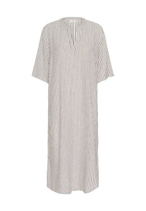 Abito a righe beige e bianche, maniche corte, design senza colletto, lunghezza al ginocchio, realizzato in tessuto leggero con una vestibilità comoda.
