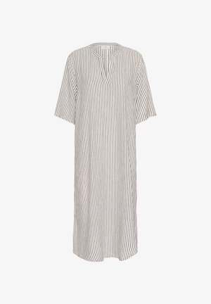 Gestreiftes beige-weißes Kleid, mit kurzen Ärmeln, kragenlosem Design, knielang, aus leichtem Stoff mit lockerem Schnitt.