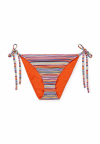 Randig bikiniunderdel med orange detaljer, med knytband på sidorna och horisontella flerfärgade ränder. Slät, elastisk tyg.