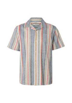 Chemise à manches courtes avec boutons sur le devant, rayures verticales en bleu, rouge, beige et blanc, avec un col à pointes et une grande étiquette de taille.