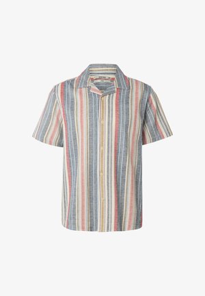 Chemise à manches courtes avec boutons sur le devant, rayures verticales en bleu, rouge, beige et blanc, avec un col à pointes et une grande étiquette de taille.