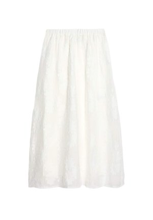 Weißer, knöchellanger Rock mit einem gerafften elastischen Bund, der ein Blumendesign auf einem strukturierten Stoff zeigt.