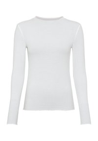 Lange mouwen witte geribde top met een ronde halslijn en onafgewerkte zoom. Gemaakt van lichtgewicht stof, heeft een dunne textuur en een aansluitende pasvorm.