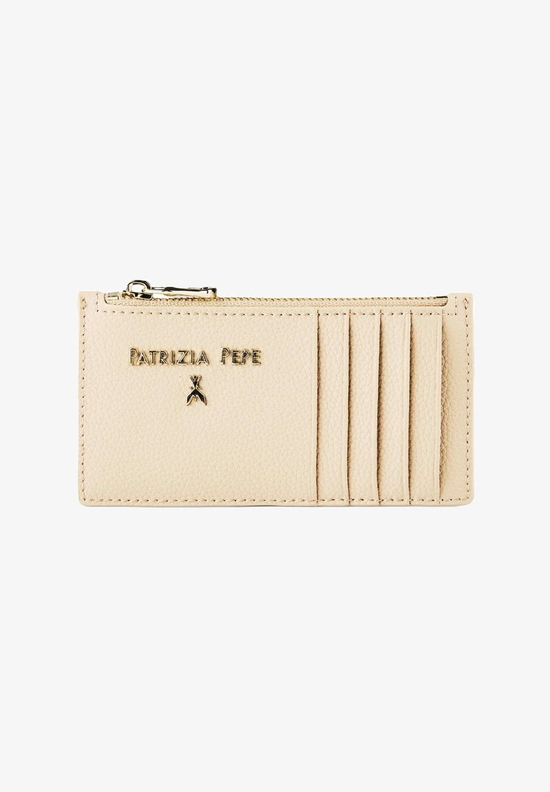 Beige leather cardholder with four card slots, a top zipper pocket, and gold "PATRIZIA PEPE" logo with insect symbol on front.