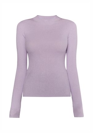 Dlouhý rukáv světle fialový žebrovaný top s vysokým výstřihem, přiléhavý design a hladká textura. Žádné viditelné vzory nebo akcenty.