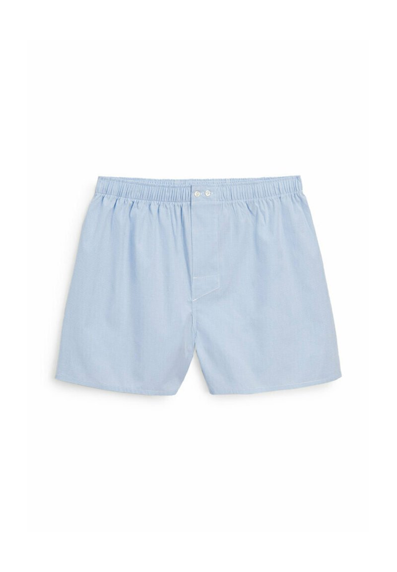 Boxers en coton bleu clair avec une taille élastique, un devant boutonné et une texture diagonale subtile. Design simple et fonctionnel.