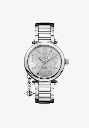 Silver-tone watch with a round face, Roman numeral markers, textured dial, and a red accent. Features a metal link bracelet and dangling charm.