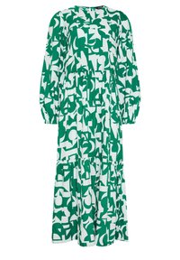 Langes grünes Kleid mit weißen abstrakten geometrischen Mustern, rundem Ausschnitt, langen Ärmeln und einem tiered Rockdesign. Leichter Stoff.